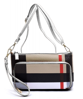Plaid Check Print Front Pocket Clutch Crossbody Bag BT2594 WHITE